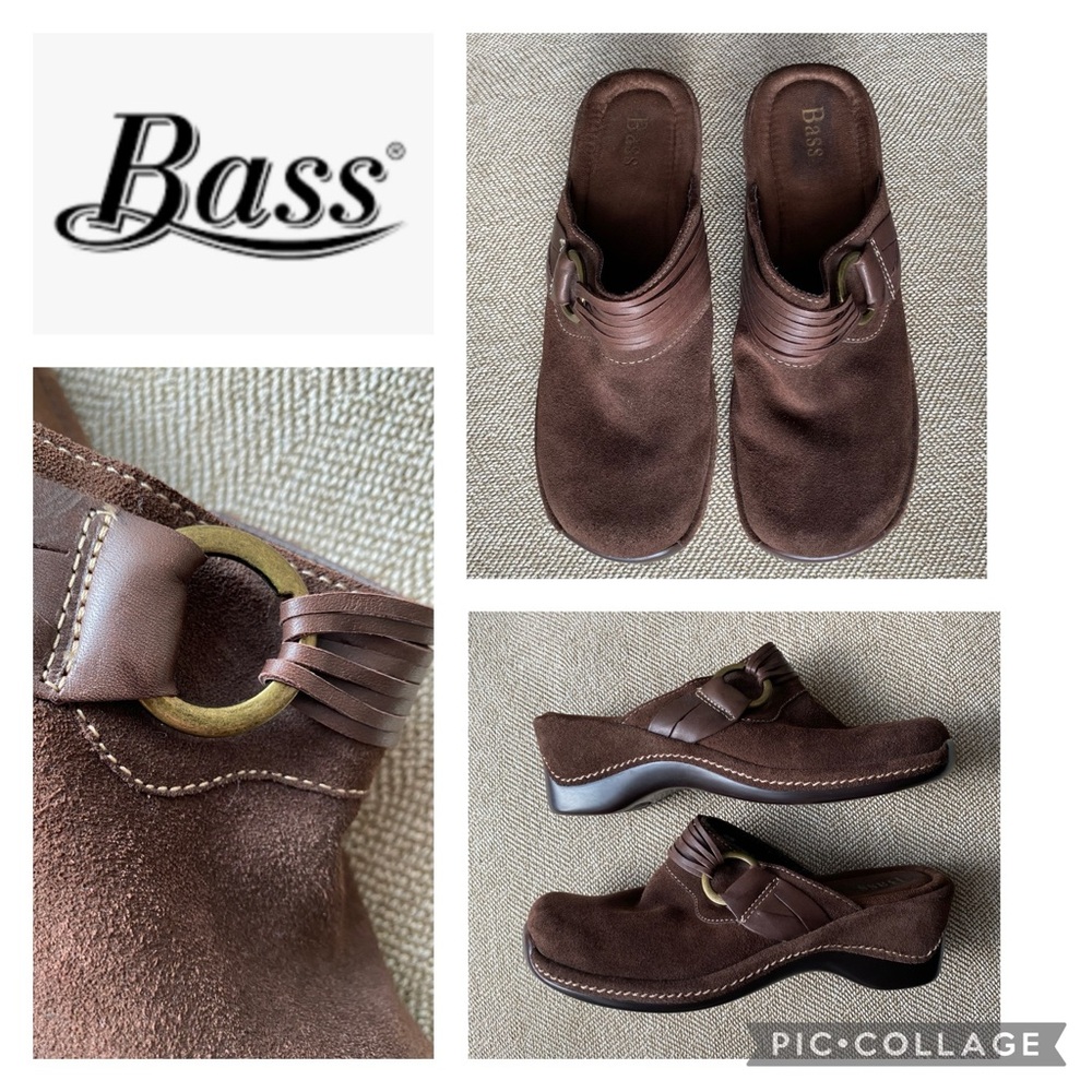 Bass Brown Suede Mule Clogs. Antique Brass and Leather Accents. Size 7M.